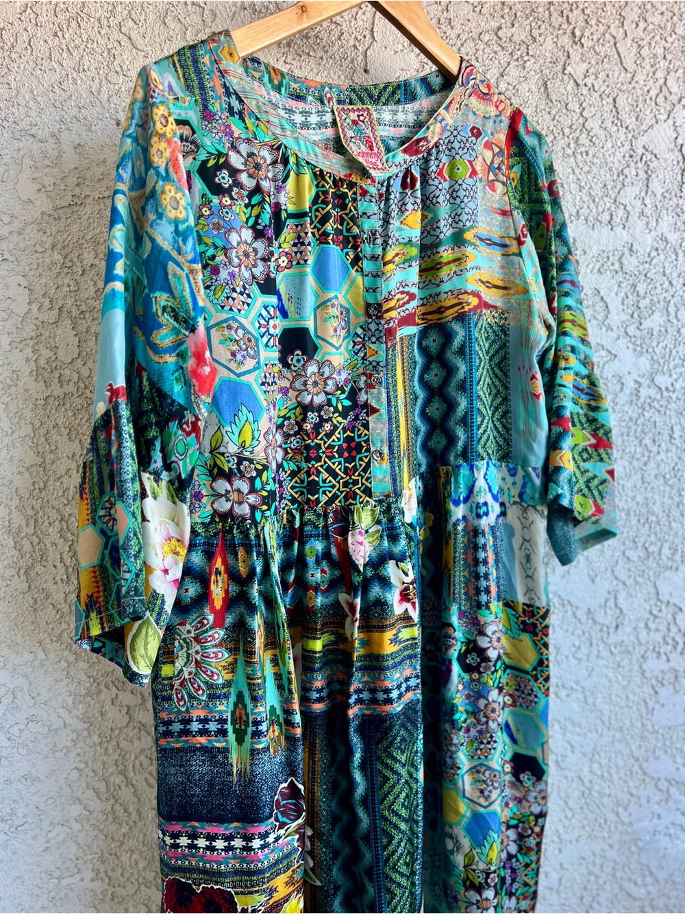 Johnny Was Nelsona Silk Teal, Green & Blue Patchwork Floral Midi Dress - Picture 5 of 11